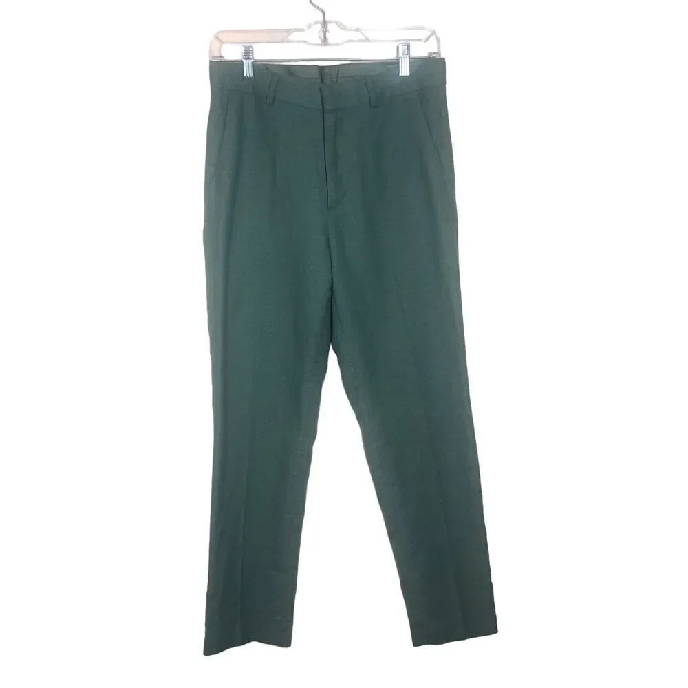 H&M Pants Womens Size 16 Olive Green Linen Woven Pleated Front Slacks‎ Career
